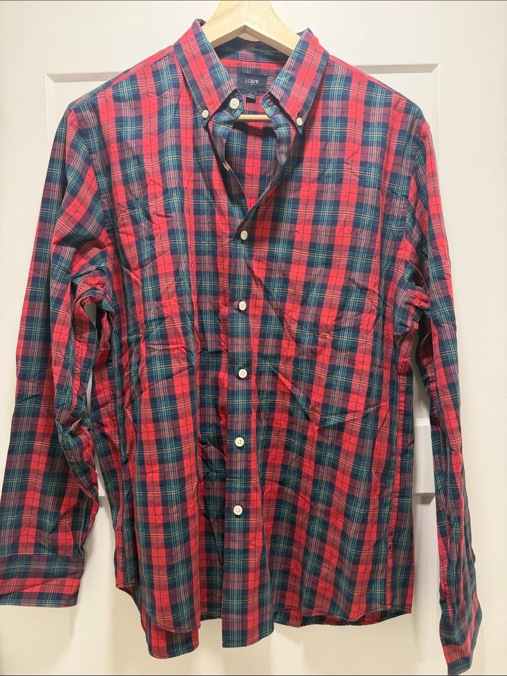 J.Crew Men’s Large Plaid Button Down Shirt Red Navy Green Long Sleeve Preppy